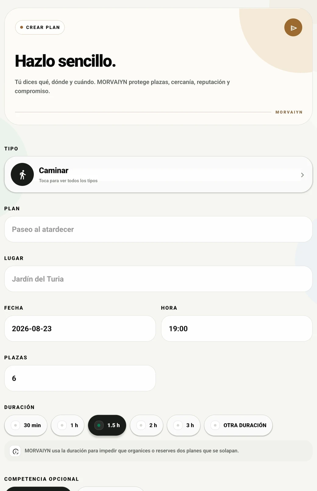 Pantalla real para crear un plan en MORVAIYN