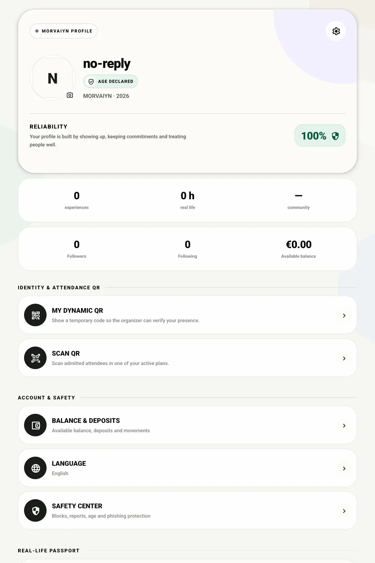MORVAIYN profile screen in English