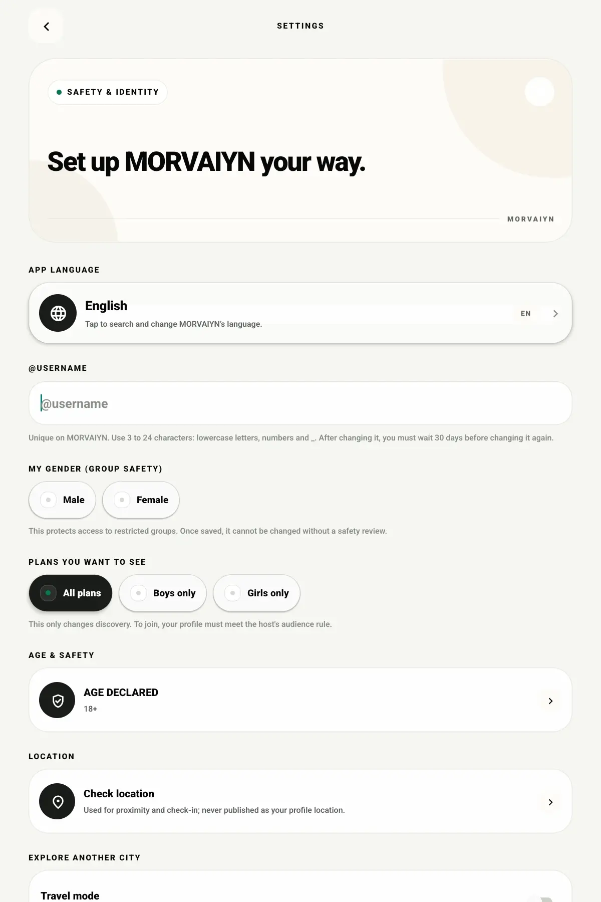 MORVAIYN settings screen in English
